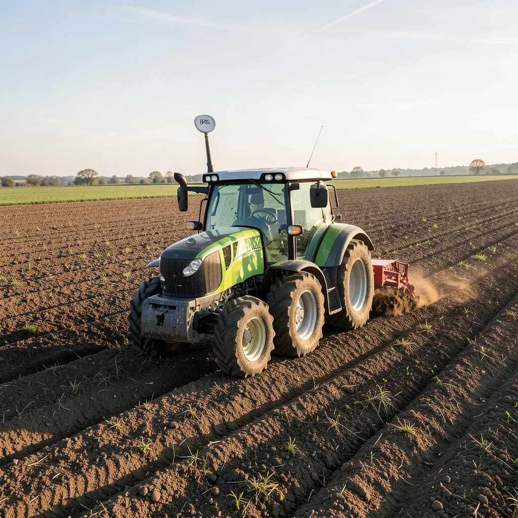 Trattore con antenna GPS al lavoro su un campo con passate parallele