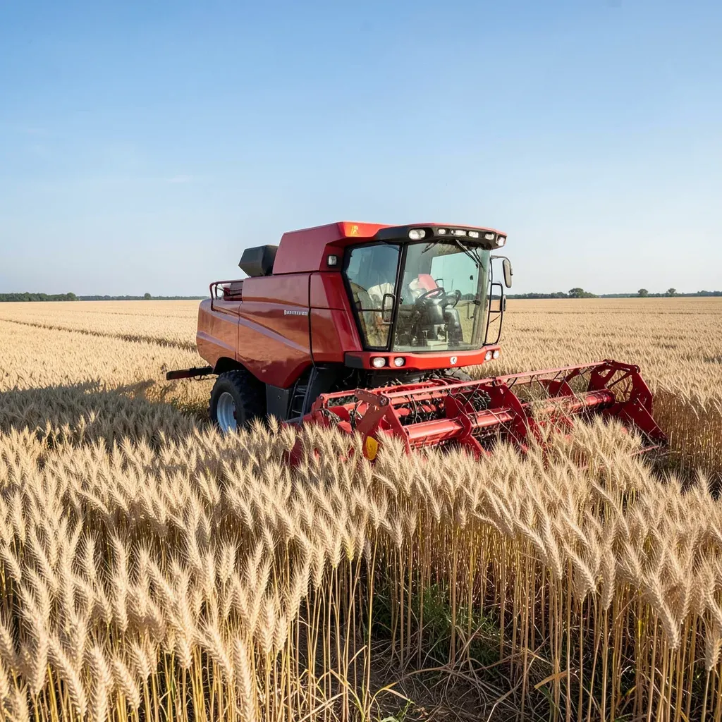 Un mietitrebbia rossa a guida autonoma avanza in un campo di grano dorato a邹平, Shandong, con la cabina di guida vuota e il volante che si muove da solo.