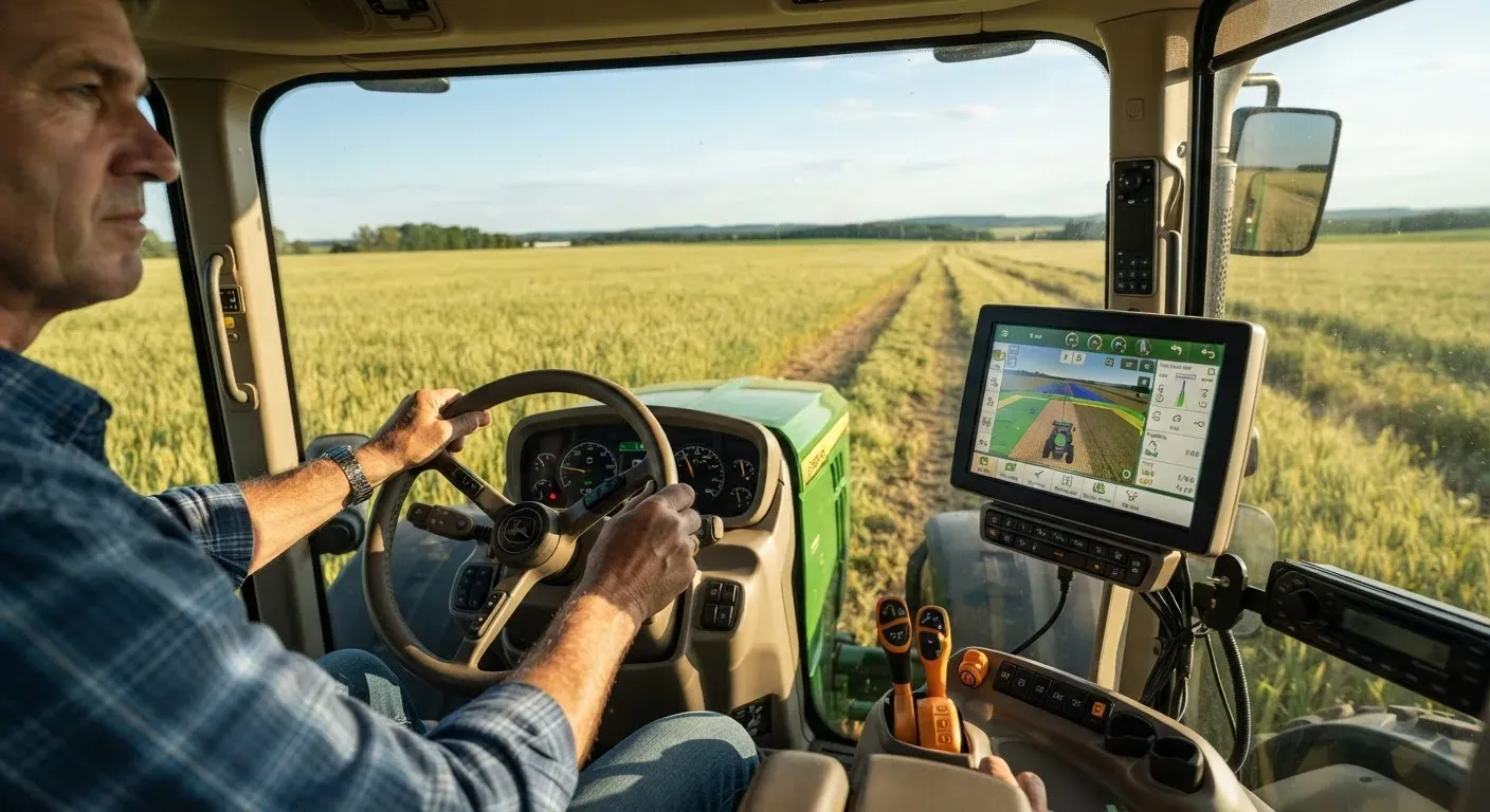 Primo piano del display digitale di un trattore moderno con mappa del campo, con il volante in primo piano e un campo di grano sullo sfondo.
