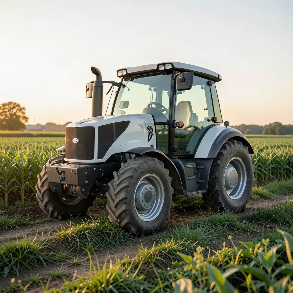 Trattore elettrico dal design moderno e minimalista, fermo in un campo agricolo al tramonto, con un vano batteria visibile sul fianco, fotografia editoriale realistica.