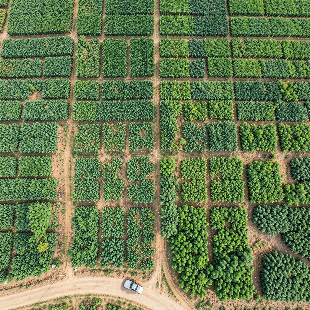 Vista aerea di un campo di patate nordamericano con variazioni di colore che indicano dati sulla salute delle colture, con un pick-up su una strada sterrata.
