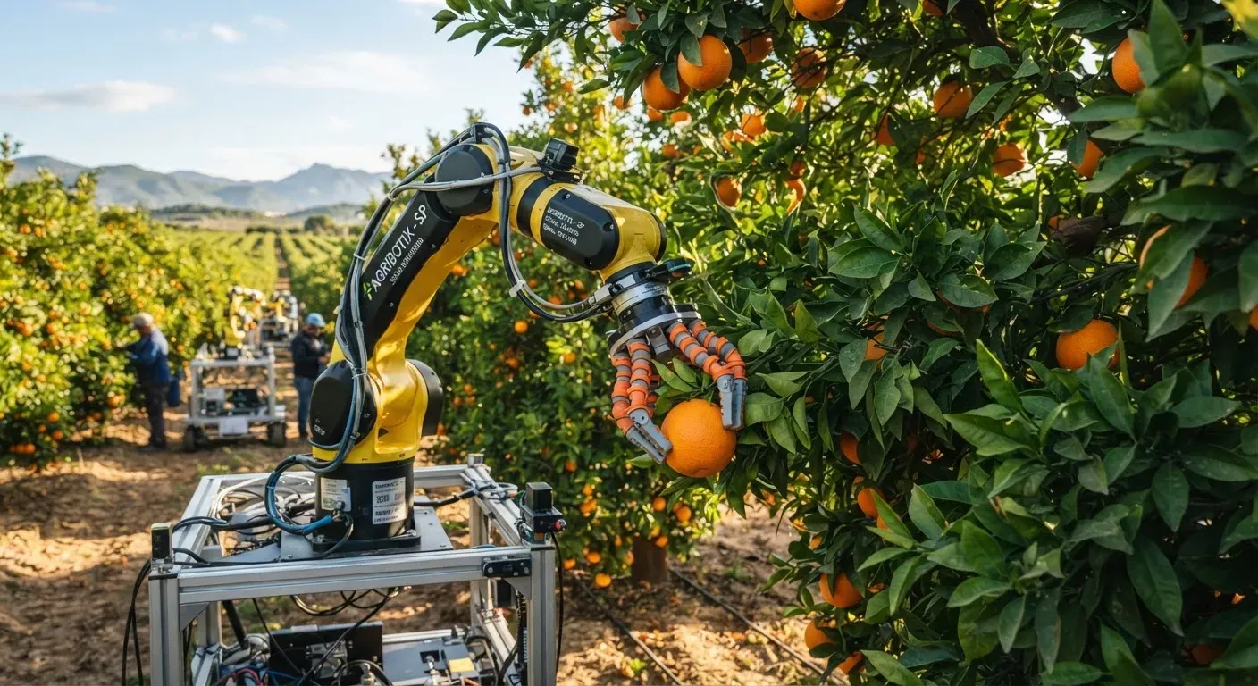 Primo piano di un braccio robotico con pinze morbide che stacca delicatamente un’arancia matura da una chioma fitta in un agrumeto spagnolo. Sullo sfondo filari di alberi e altre unità robotiche al lavoro.