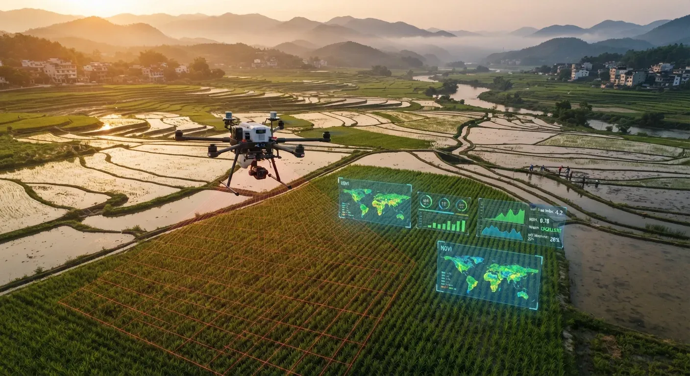 Drone agricolo con sensori sospeso su una risaia cinese, con visualizzazioni olografiche dei dati di salute delle piante.