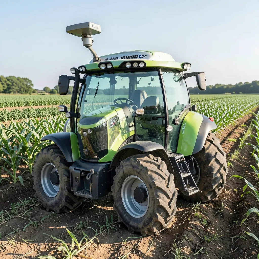 Trattore moderno equipaggiato con kit retrofit AgXeed VCU e antenna GPS sul tetto, in movimento autonomo tra i filari di una coltura, con tablet in cabina che mostra l’interfaccia di pianificazione TraXwise.