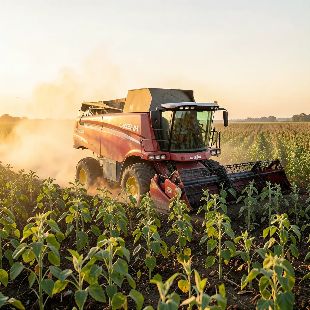 Mietitrebbia automatizzata Case IH AF10 in azione su un campo di soia argentino al tramonto, senza operatore visibile.