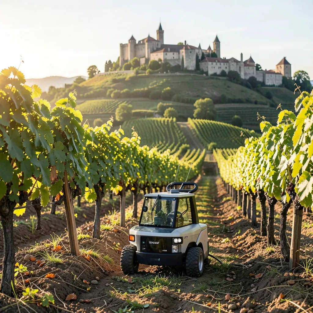 Robot agricolo autonomo Niqo Robotics per il diserbo di precisione all’opera in un vigneto francese, simbolo dell’ingresso in Europa della robotica made in India.
