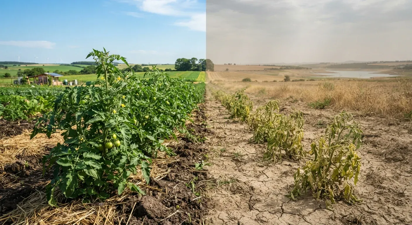 Confronto ravvicinato tra ortaggi sani e ortaggi impoveriti a causa dello stress climatico in un campo agricolo.