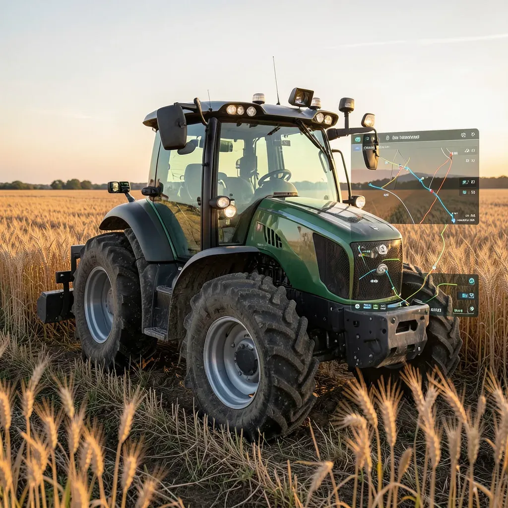 Trattore agricolo moderno dotato di kit di retrofit per la guida autonoma con telecamere e sensori LiDAR, al lavoro in un campo di grano alla luce del tramonto, con interfaccia digitale in sovrimpressione che mostra le rotte di pianificazione.