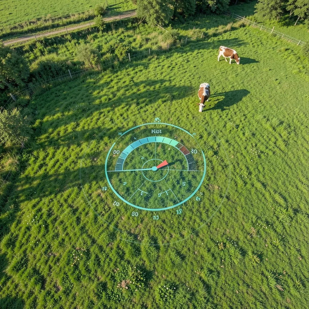 Veduta aerea di un pascolo verde con un indicatore digitale del livello di azoto nel suolo e una mucca al pascolo in lontananza.