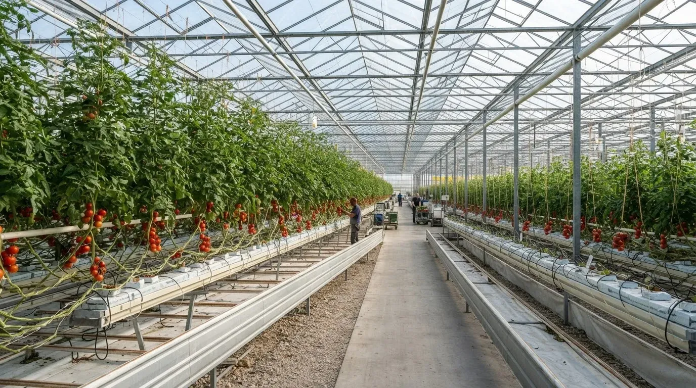 Serra commerciale con coltivazione di pomodoro fuori suolo su substrato