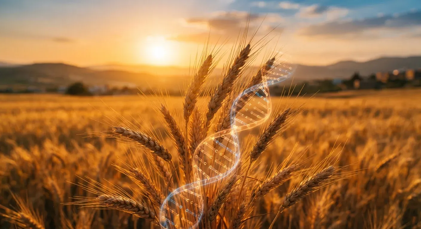 Spighe di grano duro tunisino al tramonto con una rappresentazione artistica del DNA, a simboleggiare il sequenziamento genomico delle varietà antiche Mahmoudi e Chili.
