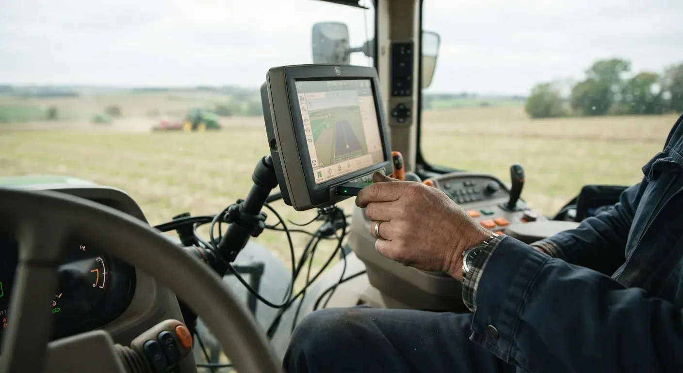 Raccolta di un dispositivo USB con SIM integrata collegato al terminale di bordo di un trattore, luce naturale dal parabrezza, tecnologia agricola professionale, nessun testo visibile nell'immagine.