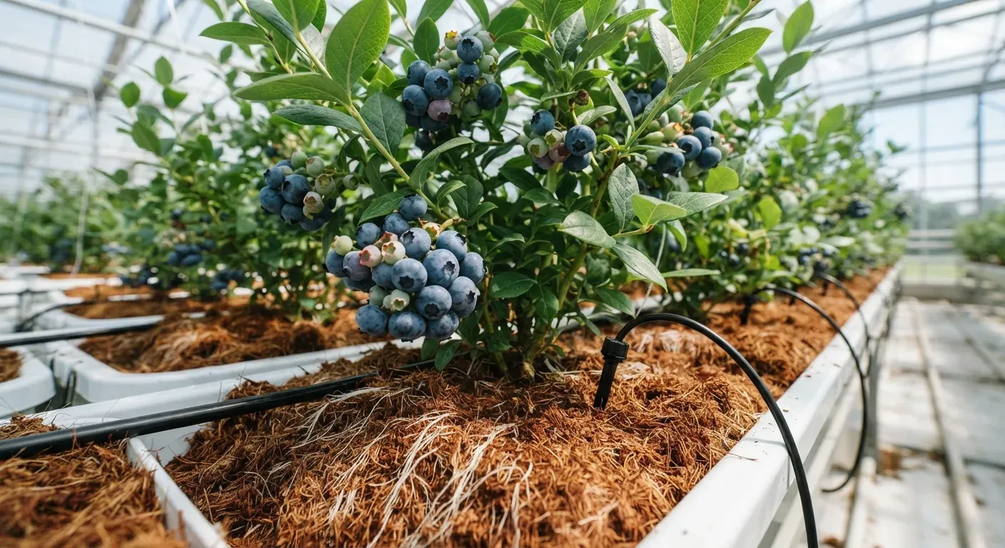 Primo piano di piante di mirtillo in coltivazione idroponica su substrato di fibra di cocco in serra moderna, con irrigazione a goccia e radici visibili nella fibra.