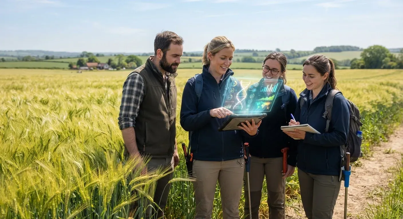 Team di ricercatori europei ai margini di un campo di orzo, con un agronomo che mostra su tablet dati fenotipici e genomici fluttuanti in stile ologramma, concetto di agricoltura digitale e intelligenza artificiale.