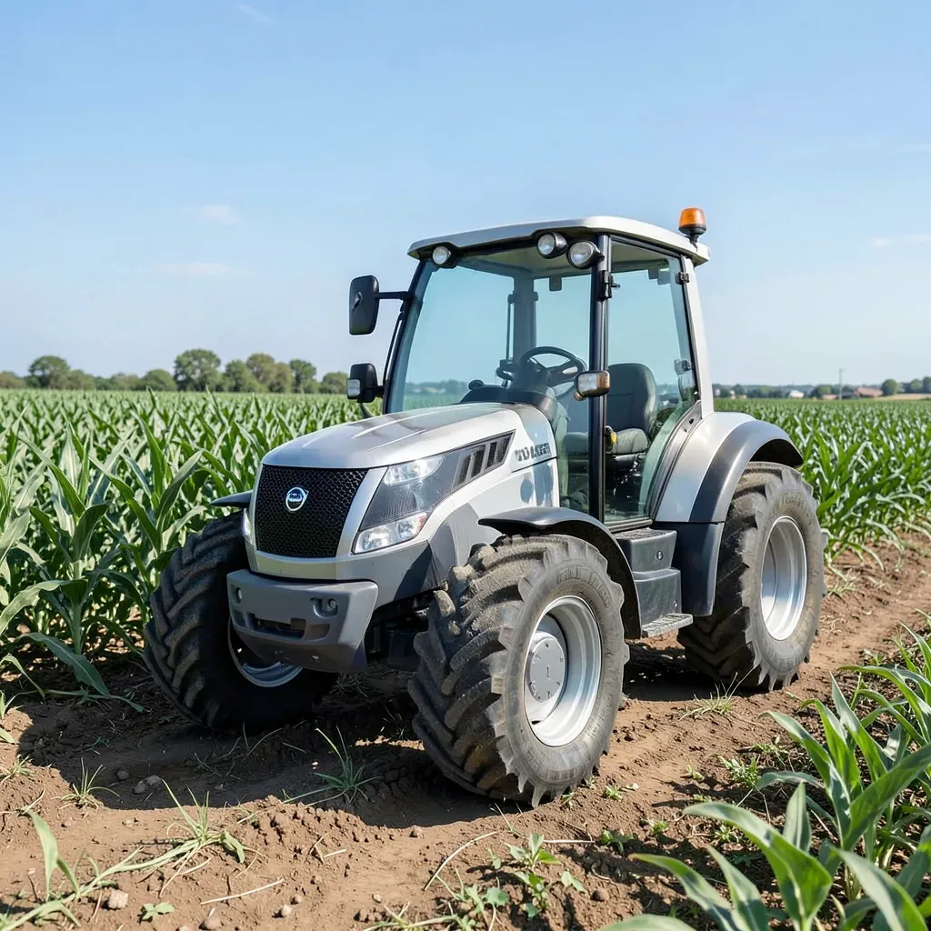 Un trattore elettrico di medie dimensioni al lavoro in un campo agricolo verde, con cabina reversibile, simbolo di innovazione agritech.