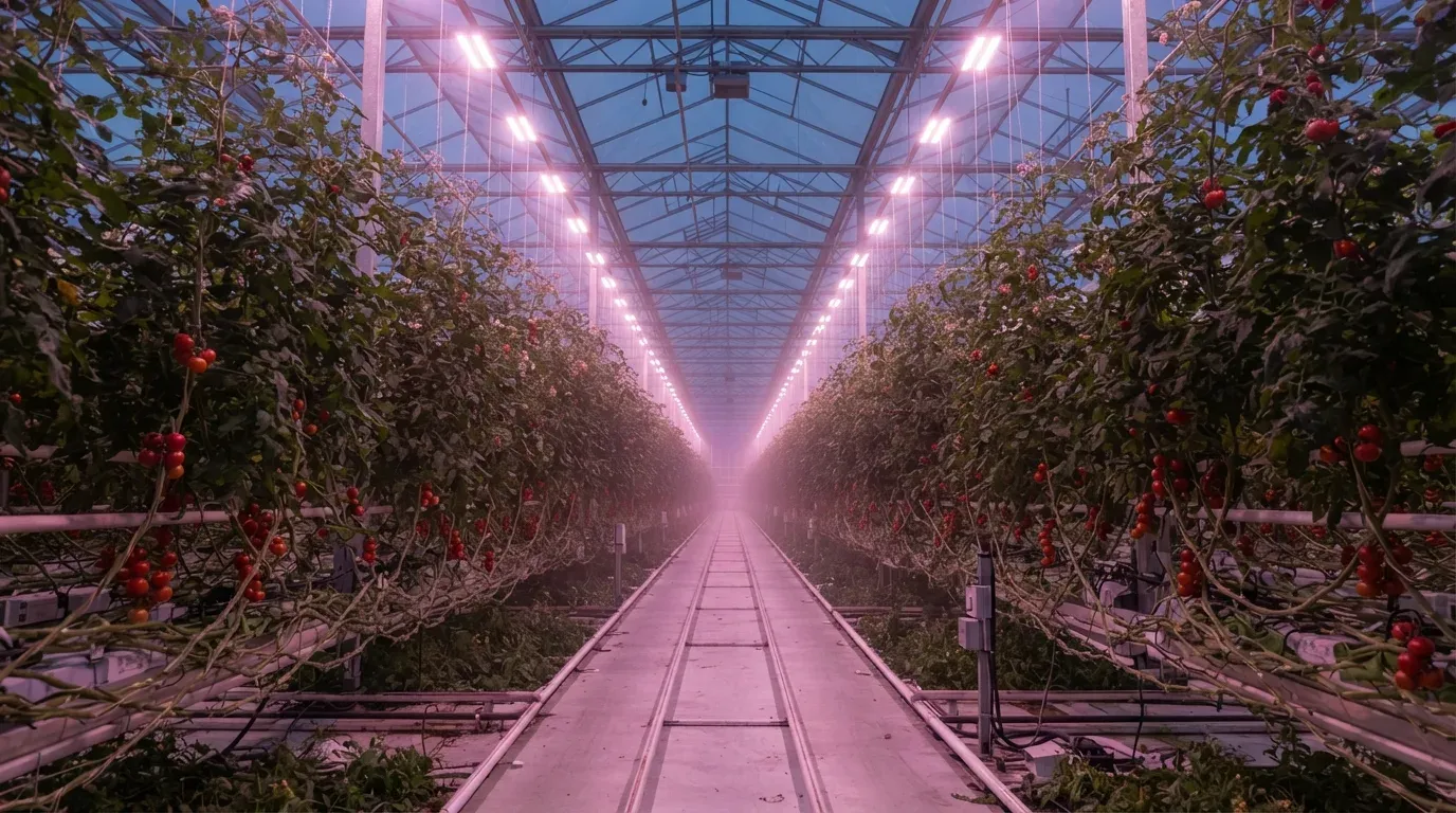 Panoramica interna di una serra tecnologica per pomodorini con lampade LED accese, struttura in acciaio e filari di piante su tutori verticali, illuminazione rosso-viola diffusa.