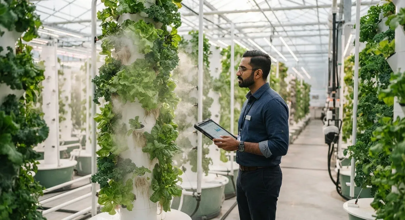 Fattoria aeroponica con torri verticali di piante e un tecnico in abbigliamento business che osserva la coltivazione da un tablet, mentre un sistema di nebulizzazione irrora le radici.