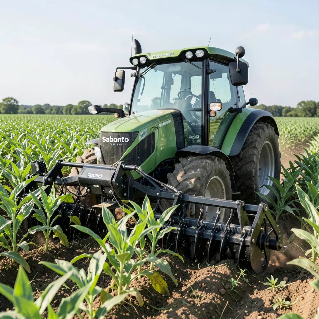 Trattore autonomo Sabanto senza operatore in cabina traina il sistema SharpShooter di Verdant Robotics in un campo coltivato, con i moduli ottici e gli ugelli in funzione.