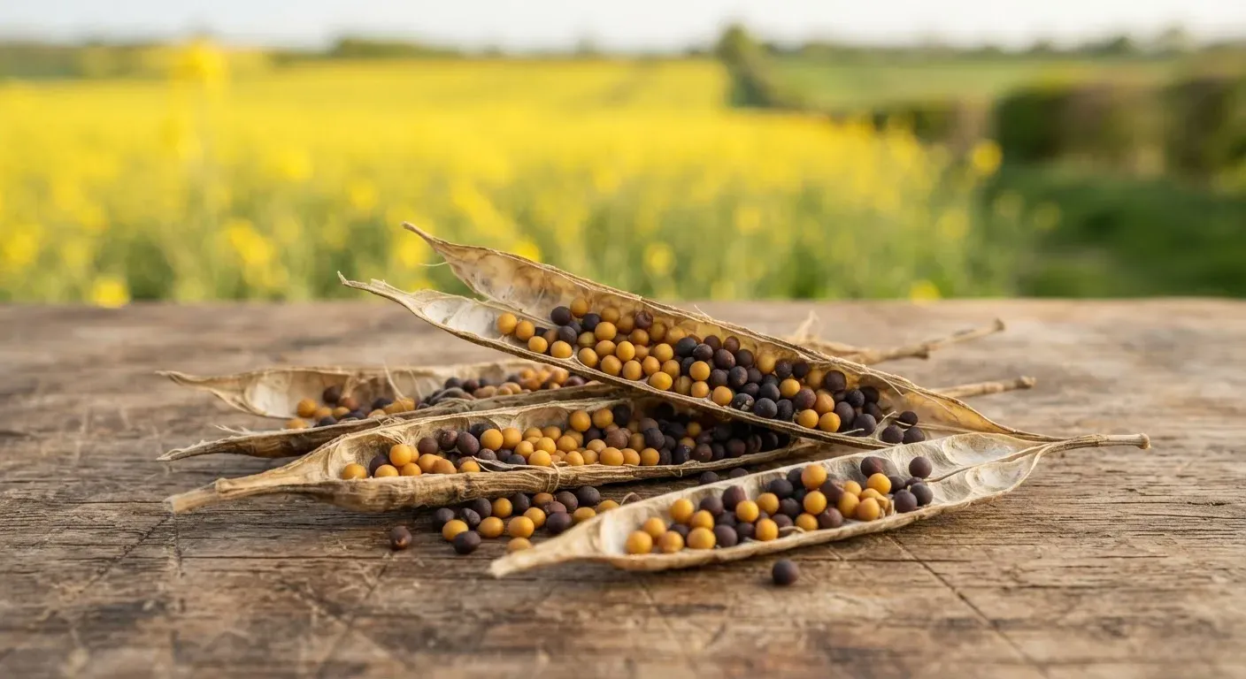 Primo piano di silique di colza aperte con semi gialli dorati e neri contrastanti su un tavolo in legno grezzo, campo di colza giallo leggermente sfocato sullo sfondo, luce naturale calda, fotografia editoriale agricola realistica