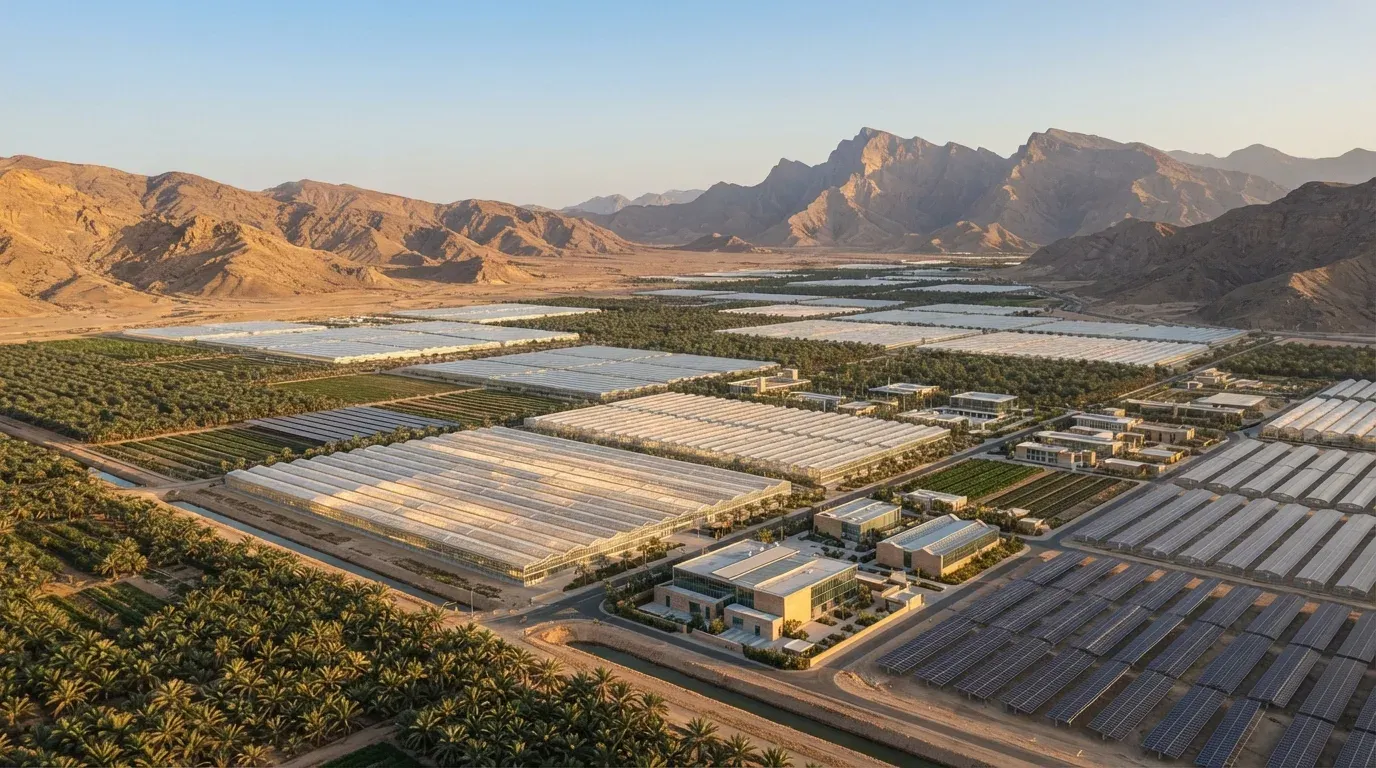 Fotografia editoriale realistica di una futura città agricola nel deserto del Dhofar, in Oman, con serre moderne geometriche, palme da dattero, pannelli solari e montagne aride sullo sfondo, senza testo.
