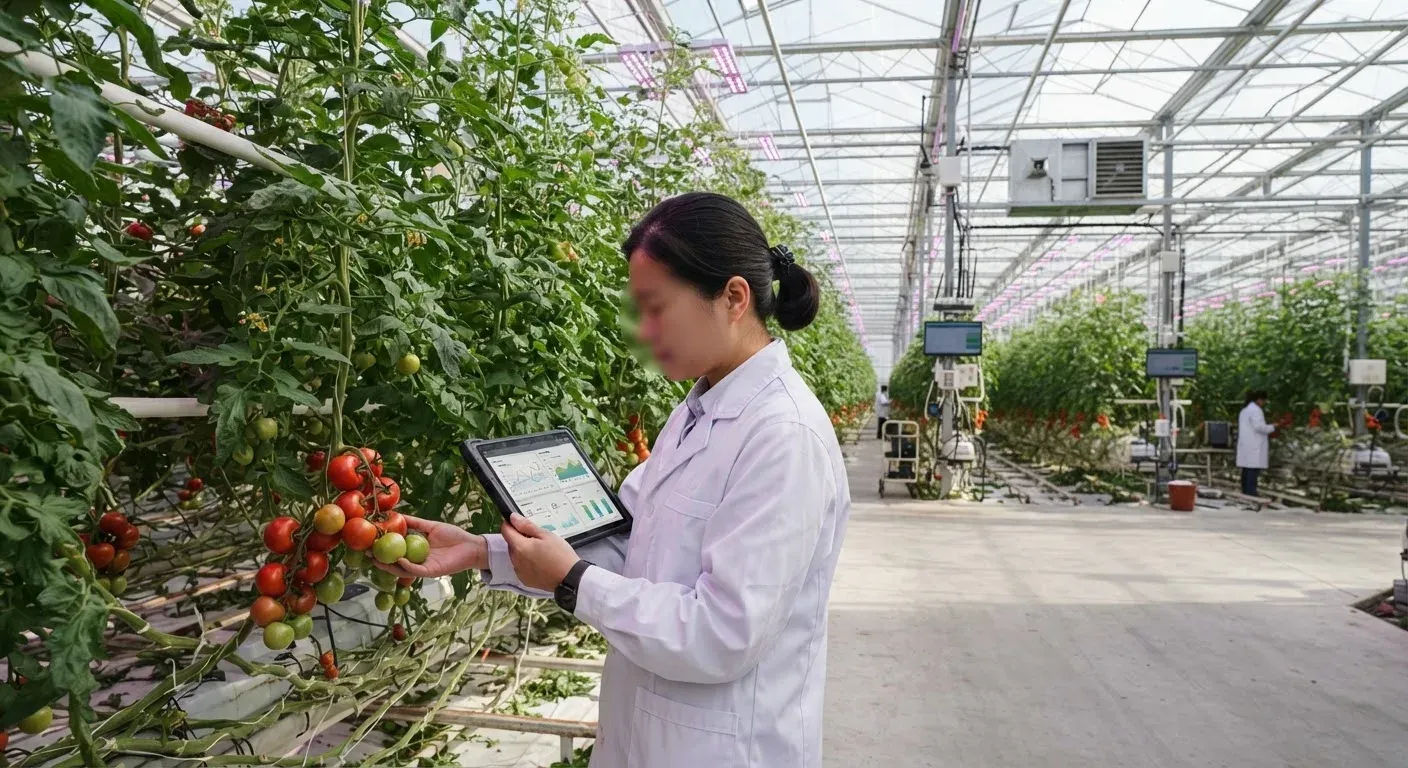 Interno di una serra a campata multipla con piante di pomodoro in coltivazione idroponica, un tecnico agronomo controlla i grappoli e monitora i dati tramite tablet, mentre sistemi di controllo climatico automatizzati operano sullo sfondo.