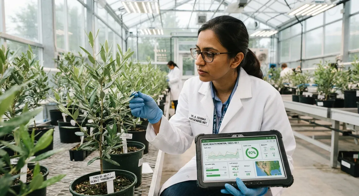 Un ricercatore esamina le foglie di un giovane ulivo in un laboratorio serra, controllando i dati sulla salute della pianta su un tablet, durante una ricerca avanzata sulla Xylella fastidiosa.