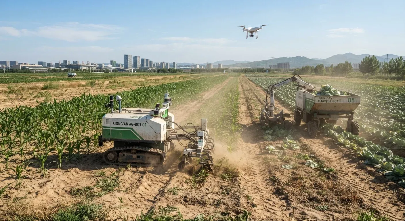 Robot agricoli autonomi basati su intelligenza artificiale durante una competizione in un campo a Xiong'an, nella provincia dello Hebei, in Cina.