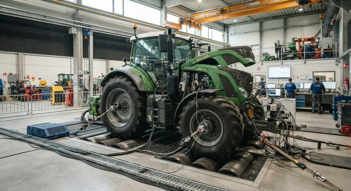 Trattore agricolo Fendt 832 Vario su banco a rulli durante una prova di efficienza energetica in una struttura di test DLG.