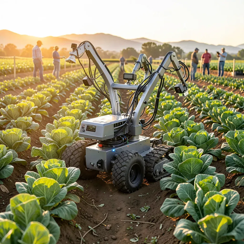 Un robot agricolo multifunzionale tra filari di lattuga presso un campo sperimentale nella Salinas Valley, California, con bracci articolati e sensori.