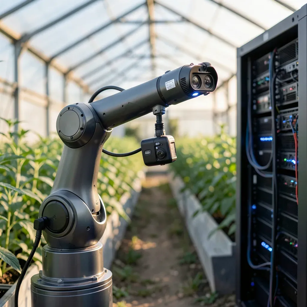 Un braccio robotico dotato di sensori e telecamere opera in una serra tecnologica, con file di coltivazioni sullo sfondo e un rack server visibile sullo sfondo, atmosfera editoriale high-tech.