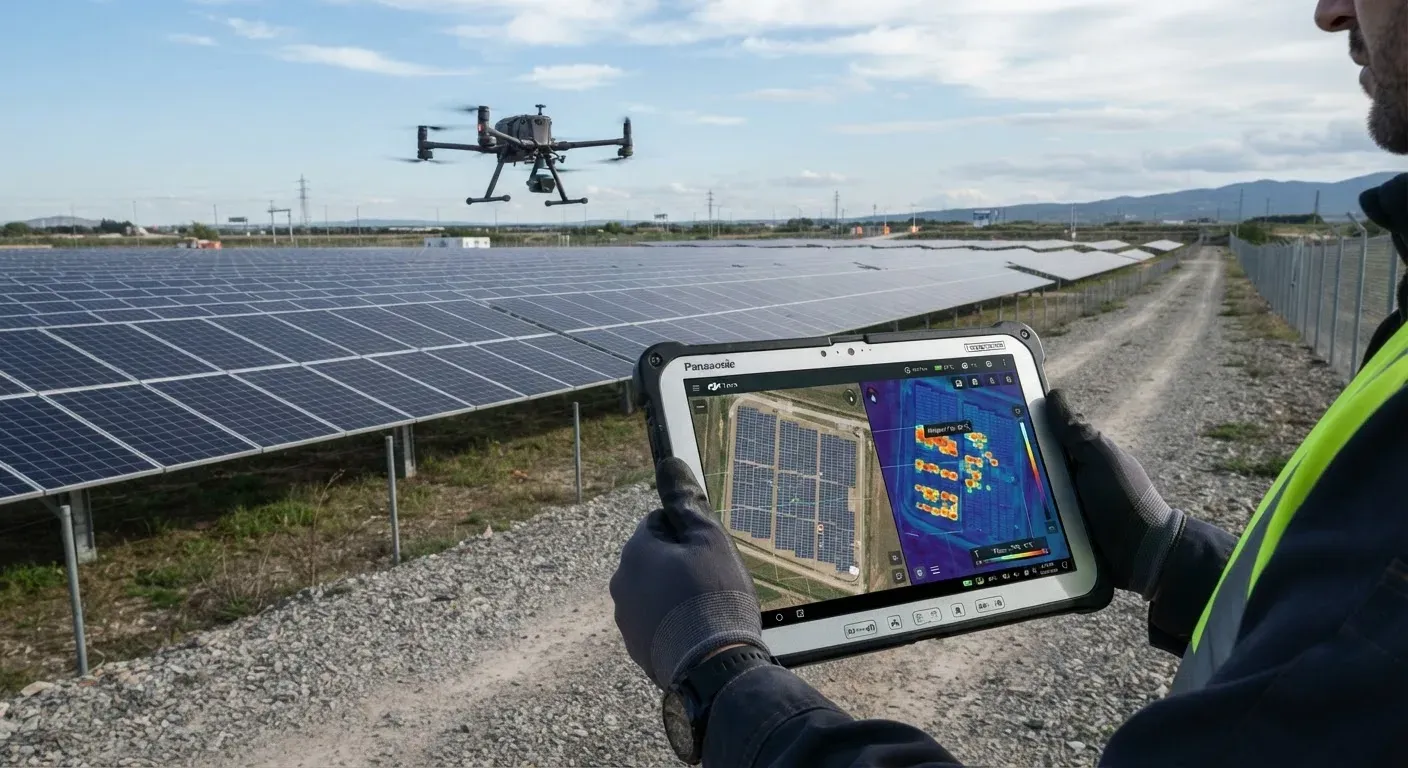 Un drone DJI in volo sopra un parco solare; in primo piano un tablet mostra una mappa termica 2D con palette di colori generata dal software DJI Terra.