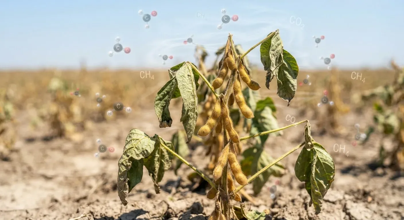 Primo piano di una pianta di soia stressata da siccità e caldo, con baccelli maturi, in un campo agricolo sotto il sole cocente.