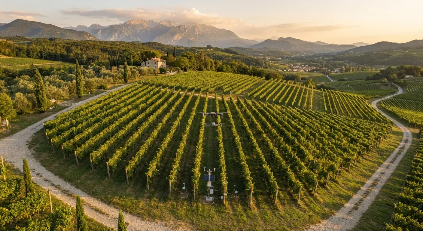 Vista aerea di un vigneto in Veneto dotato di stazione meteo, sensori nel terreno e drone per il monitoraggio di precisione