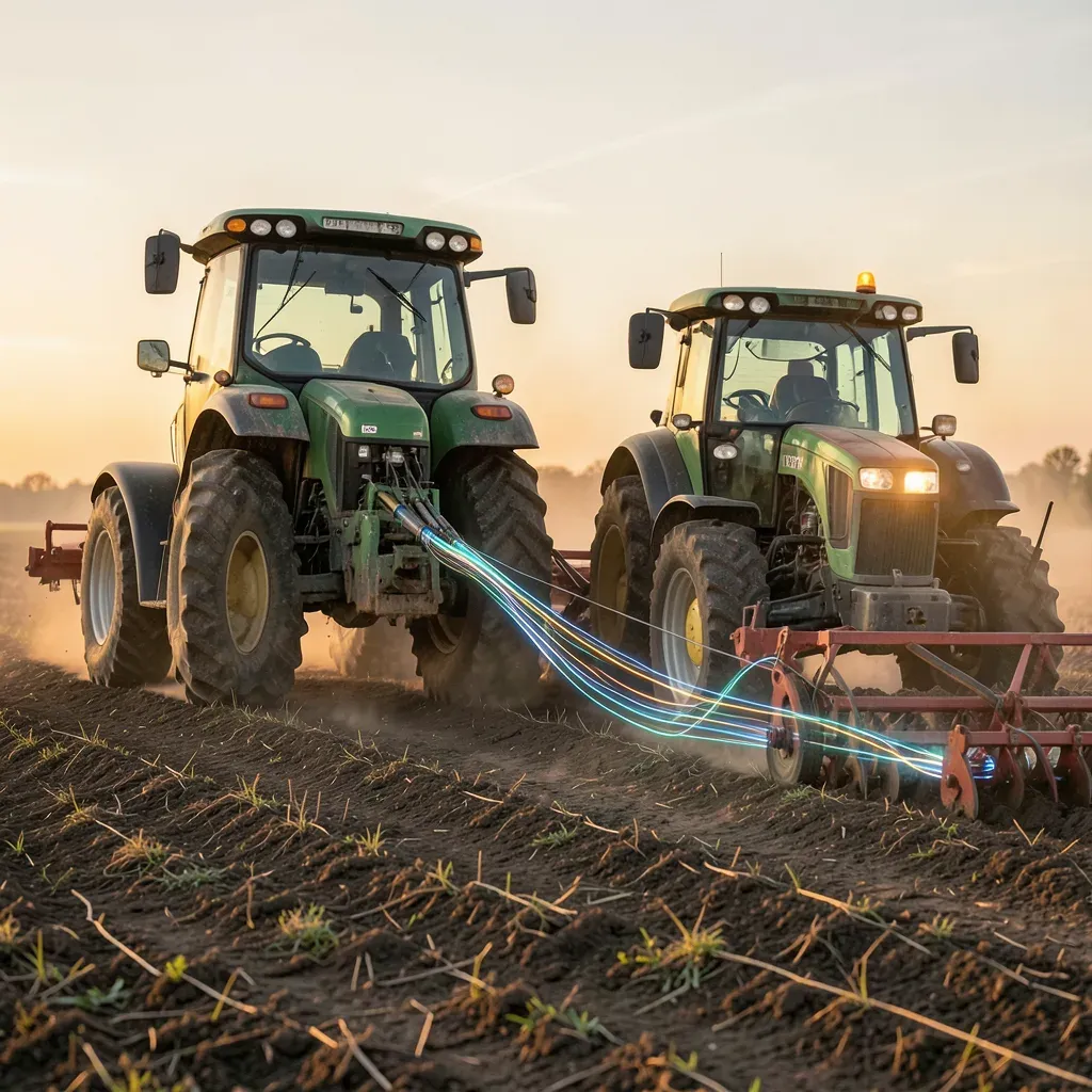 Un trattore agricolo collegato a un rimorchio tramite un cavo ibrido in un campo polveroso al tramonto, con un accenno visivo al flusso di dati ad alta velocità.