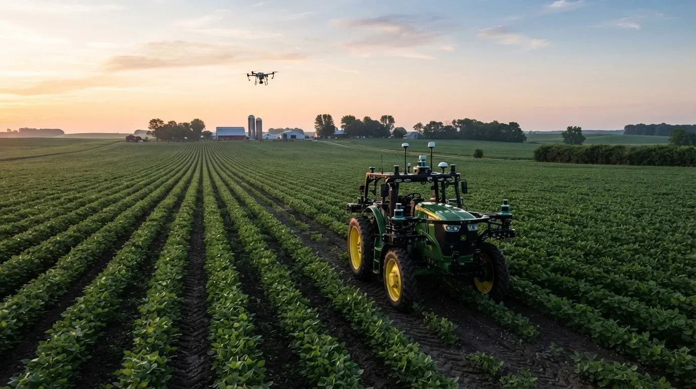 Trattore autonomo senza conducente con sensori e telecamere, in marcia all’alba tra filari di soia, con un drone agricolo in volo sopra il campo.