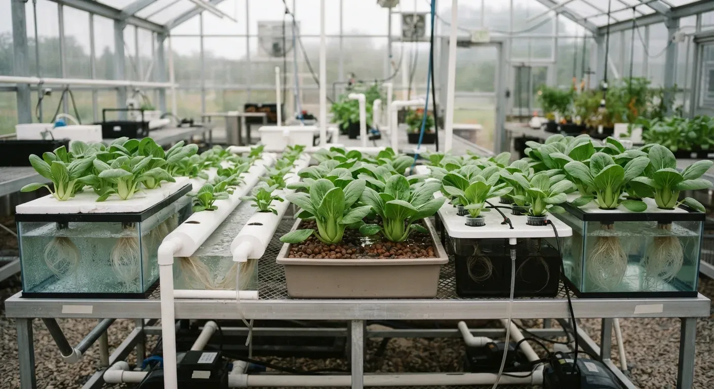 Bok choy coltivato in cinque diversi sistemi idroponici in una serra universitaria, con radici visibili nella soluzione nutritiva e luce naturale diffusa.