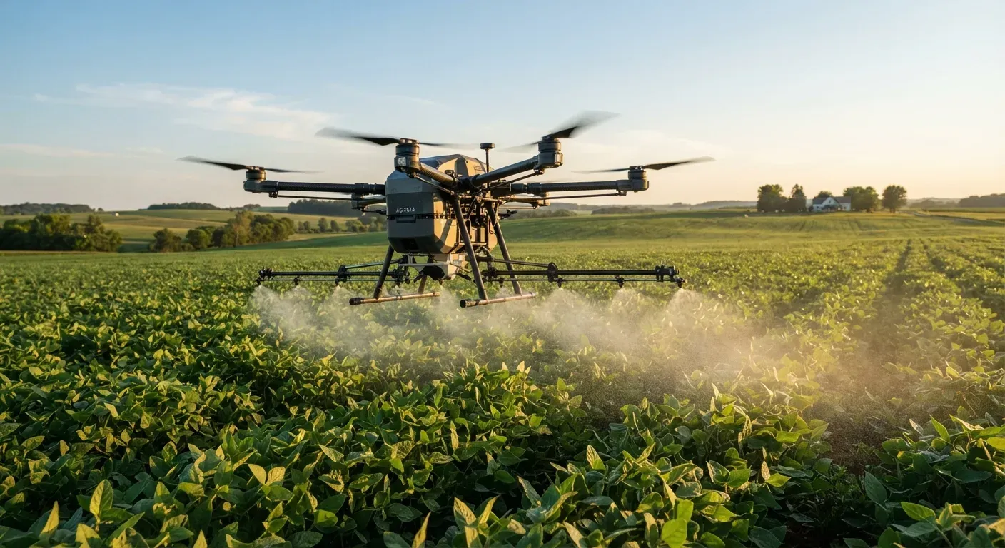 Un grande drone agricolo heavy-lift a più rotori in volo radente su un vasto campo di colture verdi, con sistema di irrorazione attivo, illuminato dalla luce calda del tramonto, senza testo nell'immagine.
