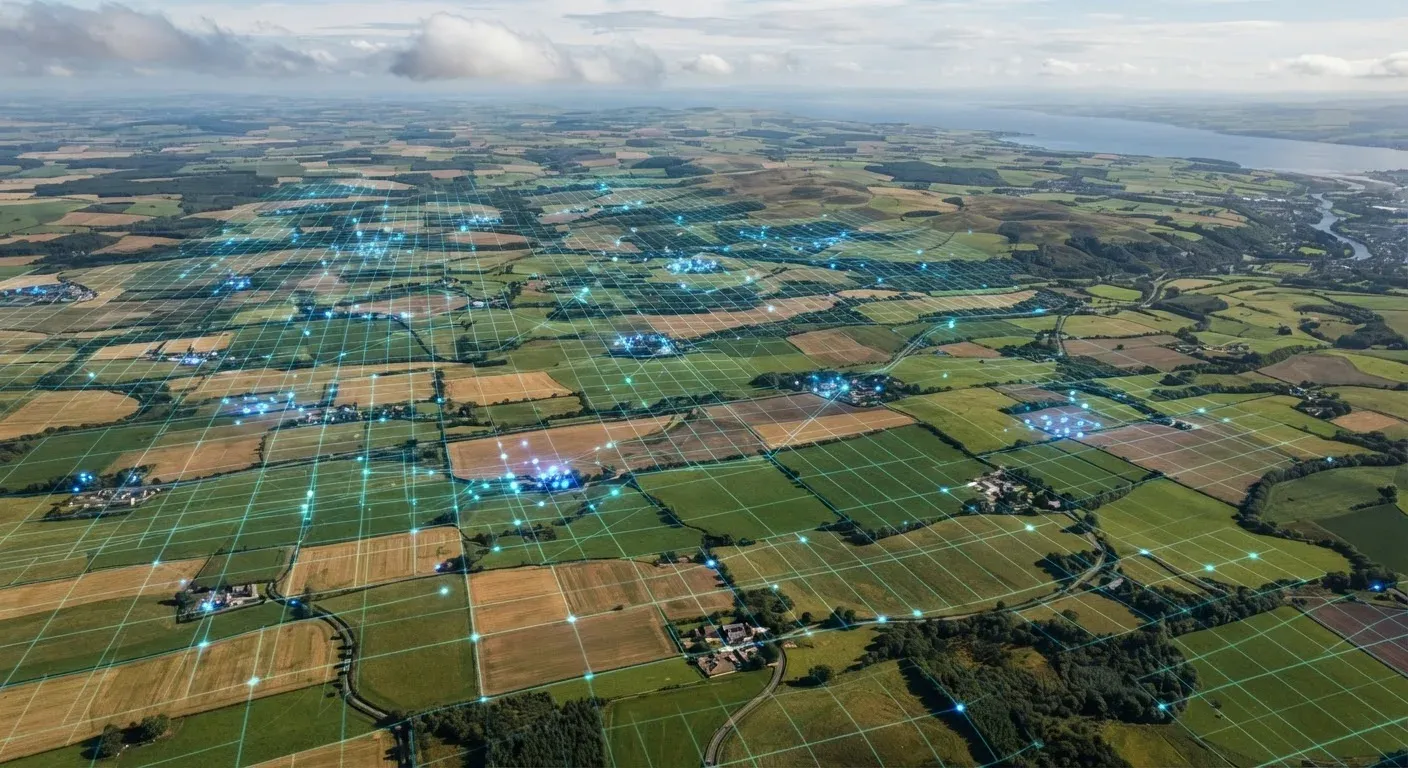 Immagine satellitare di terreni agricoli scozzesi con una griglia digitale e nodi di dati blu, che rappresentano il monitoraggio agricolo abilitato dall'intelligenza artificiale