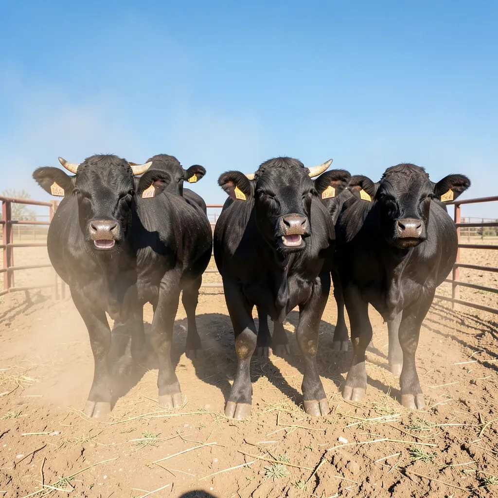 Mandria di bovini Angus neri in un recinto polveroso sotto il sole cocente di mezzogiorno, con la bocca aperta per il caldo e onde di calore che si alzano dal terreno arido.