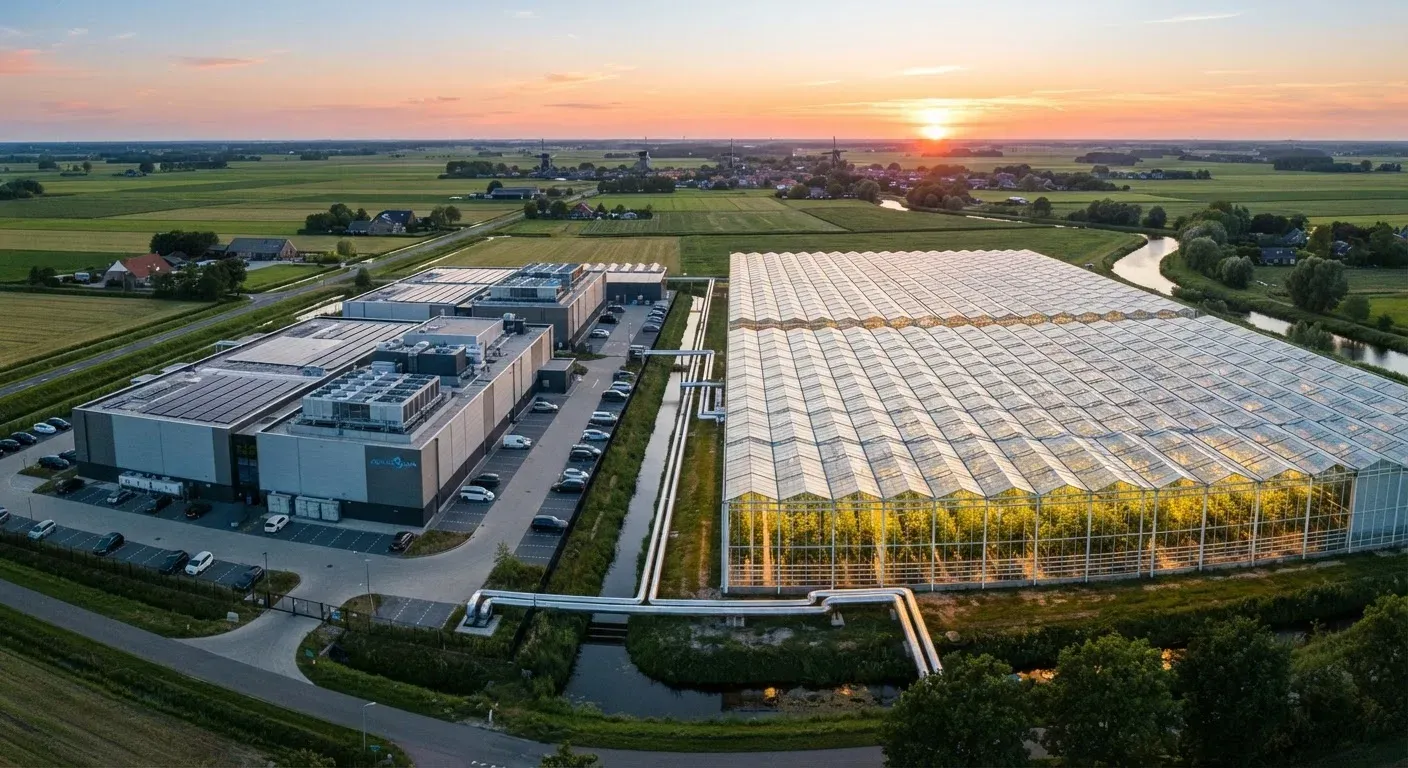 Data center nei Paesi Bassi collegato a serre per il riscaldamento con calore residuo, tubazioni visibili, paesaggio agricolo al tramonto.