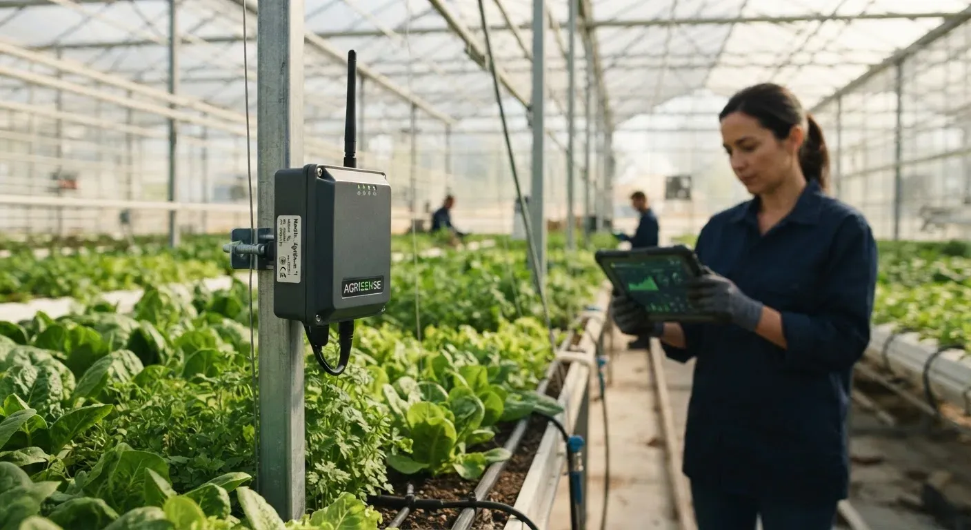 Un sensore IoT per il rilevamento di spore fungine installato in una serra moderna, con un coltivatore che consulta un tablet sullo sfondo; i dati ambientali e la protezione delle colture sono il soggetto principale.