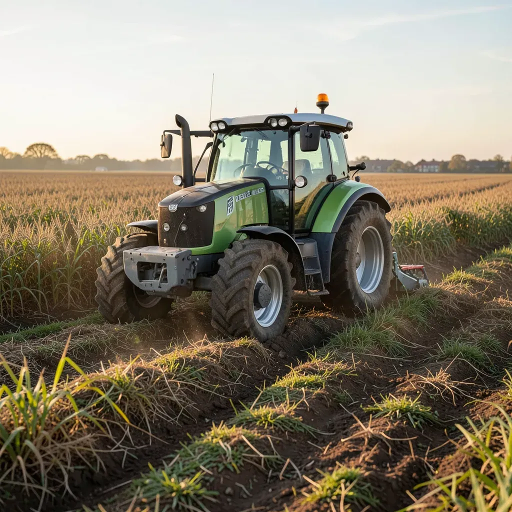 Un trattore Fendt dotato di sistema di guida automatica CHCNAV NX510 installato aftermarket mentre semina con precisione su un campo agricolo nei Paesi Bassi, luce del tardo pomeriggio.