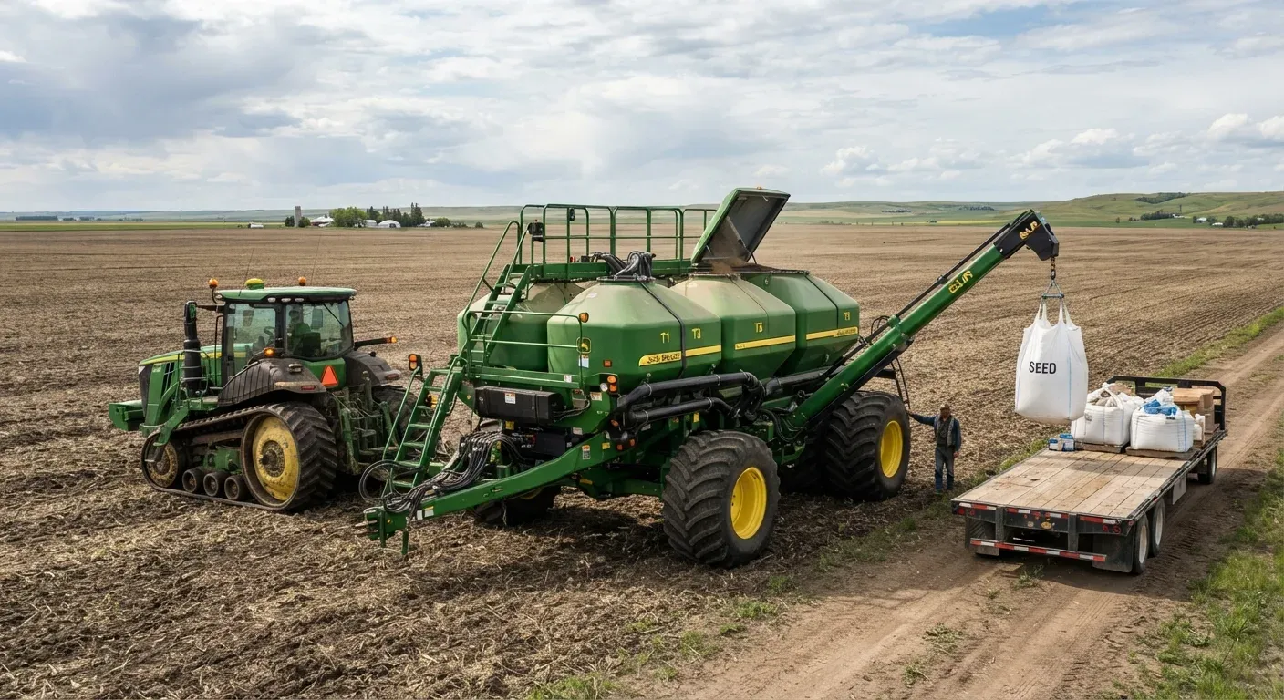 Carro per la semina John Deere C1450T con sistema di sollevamento EzLift, pneumatici posteriori doppi e nastro trasportatore idraulico da 16 pollici in un campo agricolo di grandi dimensioni