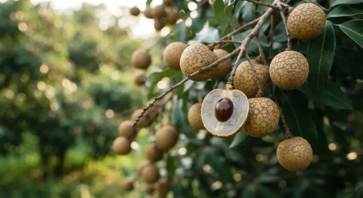 Primo piano di «Cuì Mì», ibrido longan-litchi: grappolo di frutti sferici con buccia marrone chiara screpolata a placche (effetto «corteccia fiorita»), un frutto tagliato mostra la polpa bianca traslucida e croccante attorno al seme bruno lucido; ramo in 