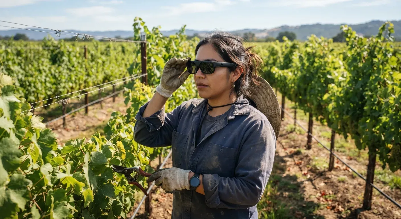 Lavoratore agricolo con occhiali smart in un vigneto californiano, raccolta dati a mani libere tramite comandi vocali