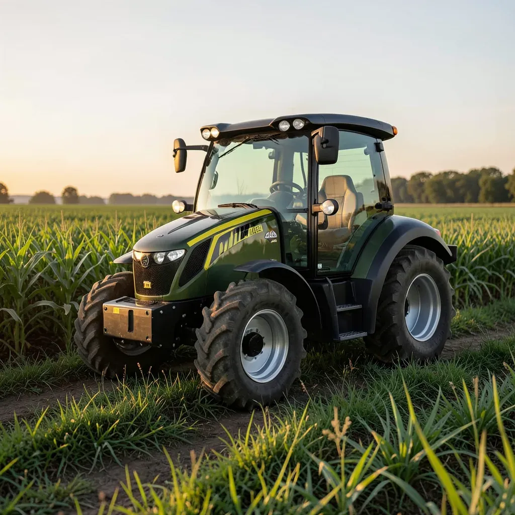 Trattore elettrico a guida autonoma in un campo agricolo al tramonto, dettagli industriali gialli e neri, stile fotografico editoriale.