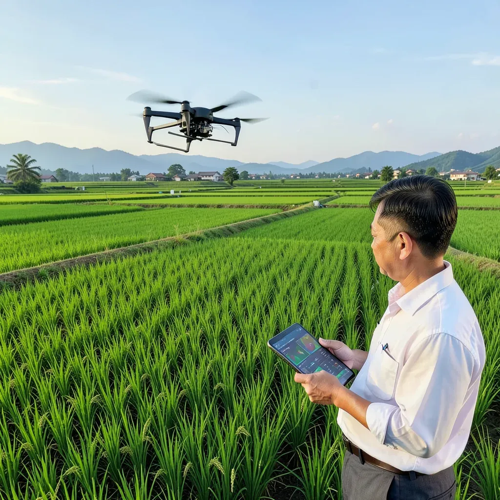 Un drone agricolo sorvola una risaia nella contea di Suiling, Heilongjiang, mentre un agricoltore consulta i dati della coltura su un tablet.