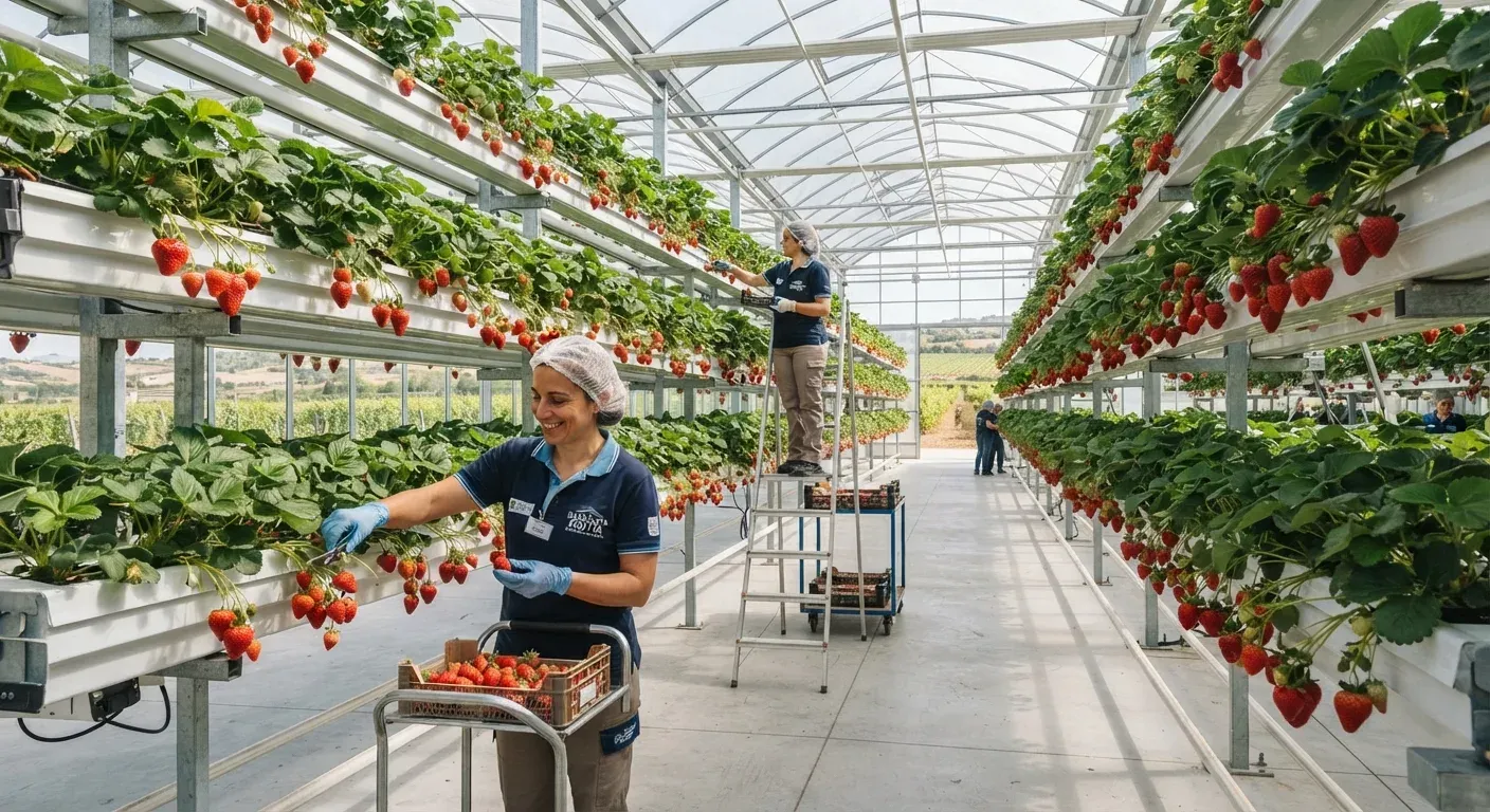 Serra verticale multitier per fragole fuori suolo in Basilicata con strutture in acciaio a doppia grondaia e lavoratori alla raccolta.
