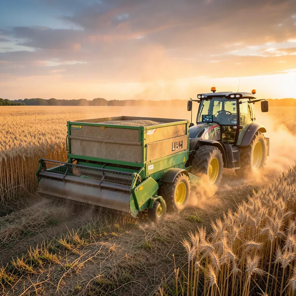 Imballatrice Case IH LB4 a camera grande quadra in azione in un campo di grano al tramonto, con trattore e monitor di automazione in cabina.