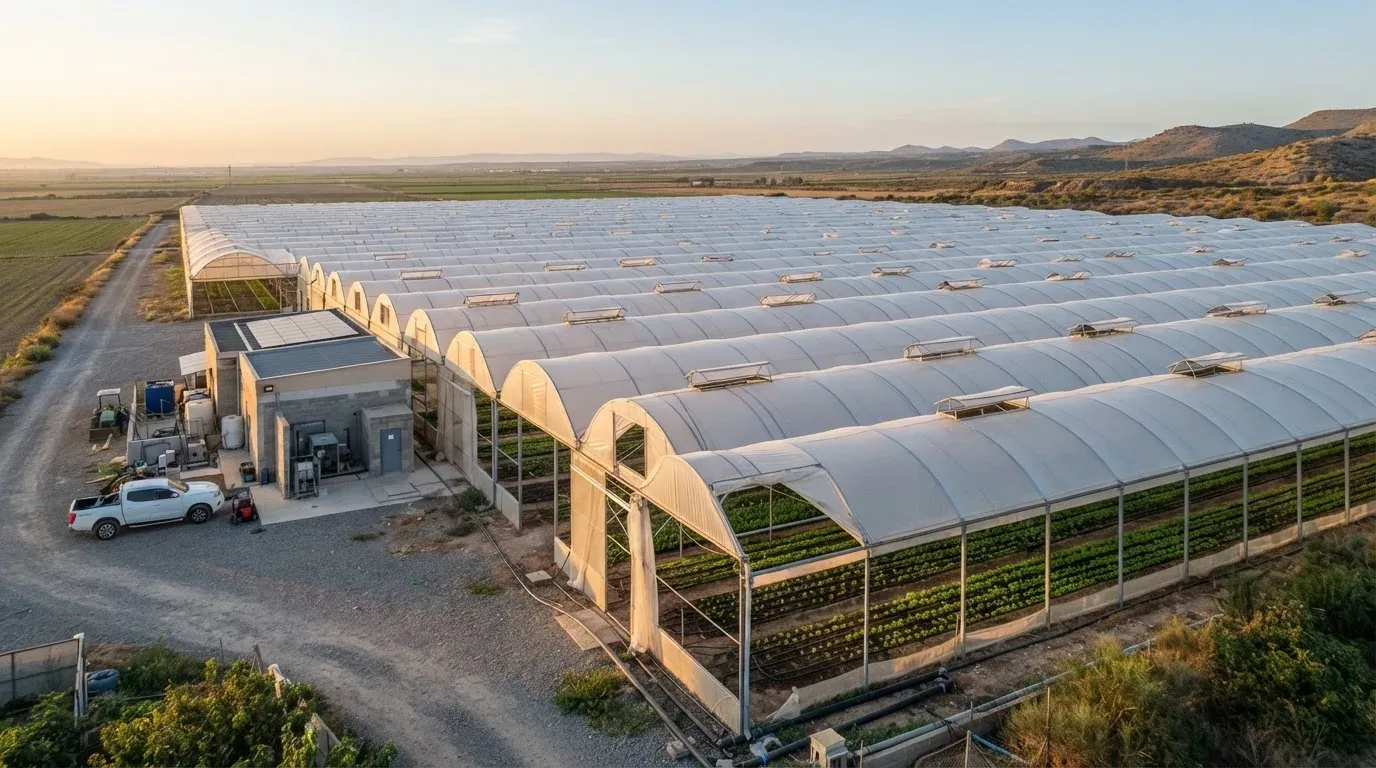 Fotografia editoriale di una moderna serra multi-tunnel in un'azienda agricola all'ora d'oro, con file di tunnel bianchi, aperture di ventilazione sul tetto e un edificio tecnico annesso sullo sfondo.